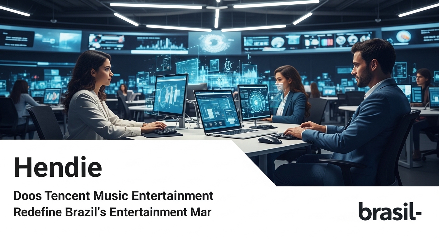 Analytical newsroom image depicting Tencent Music Entertainment's potential impact on Brazil's entertainment market