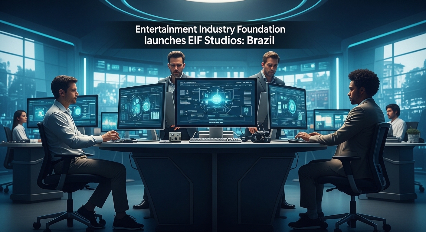 Diverse production team in a glass-walled studio discussing an EIF Studios project, with a cityscape backdrop.