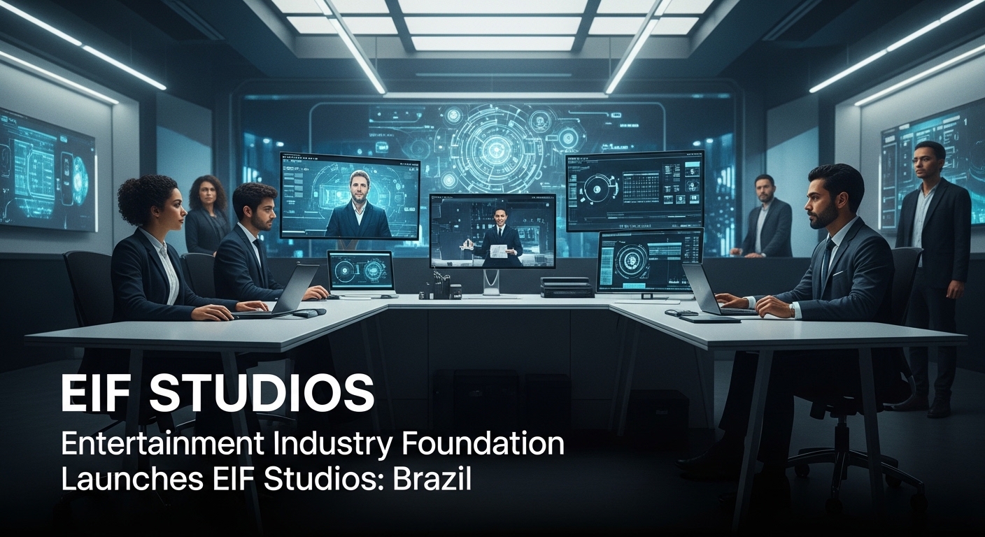 Diverse production team in a glass-walled studio discussing an EIF Studios project, with a cityscape backdrop.