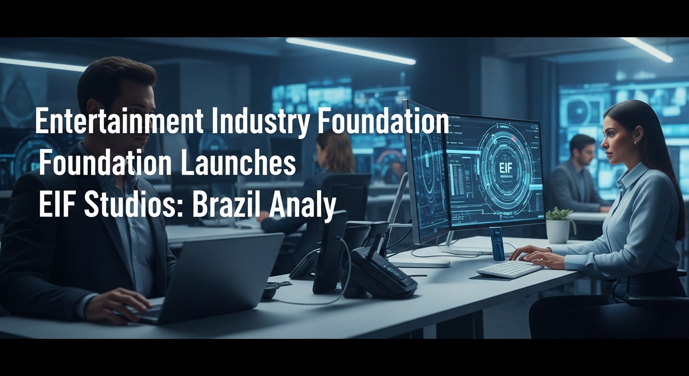 Studio team planning a social-impact film project under EIF Studios with Brazilian city skyline.