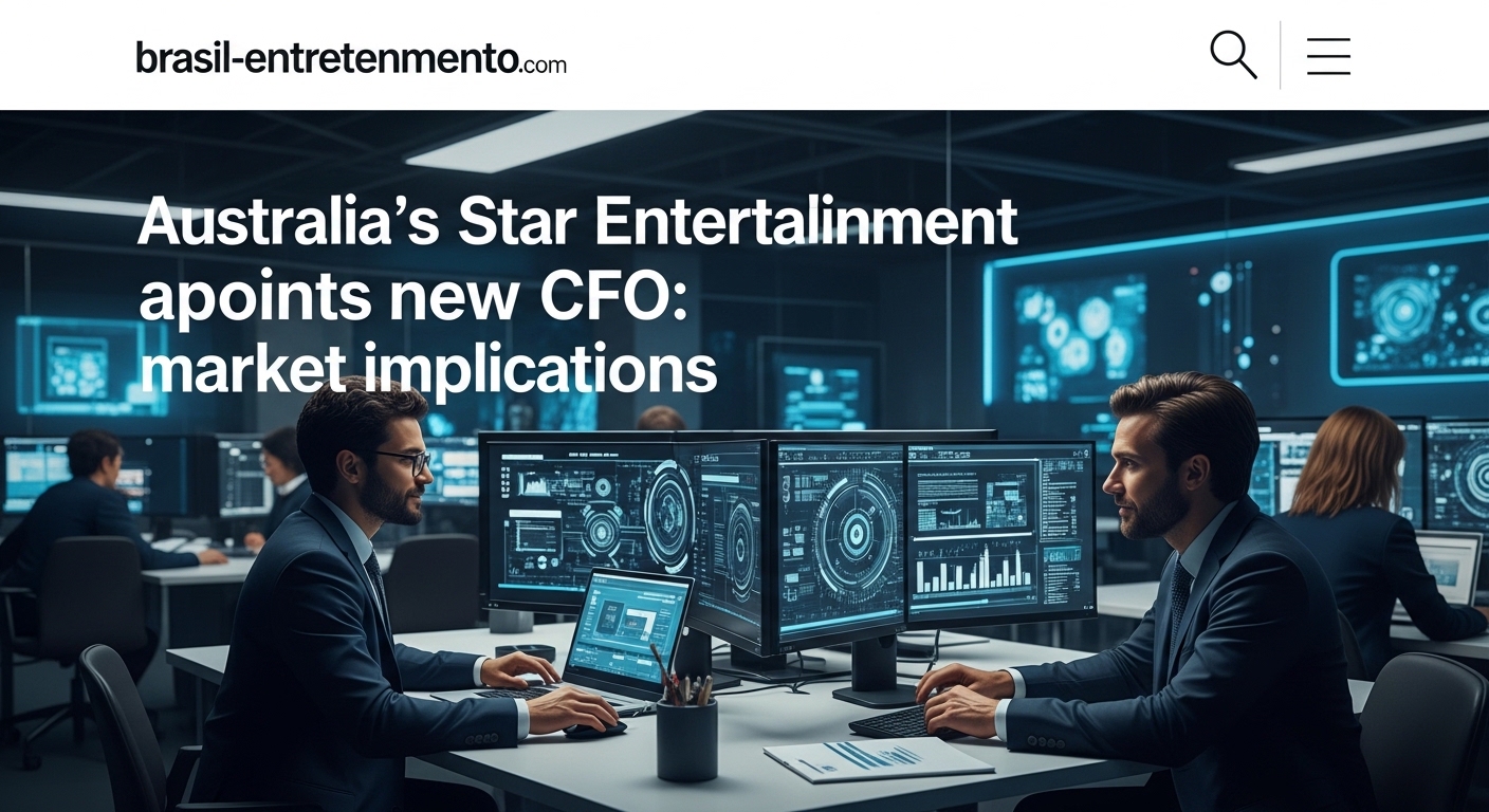 Boardroom scene with Star Entertainment branding announcing a new CFO and global market graphics.
