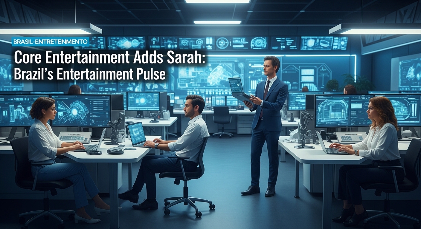 Executives at a roster-signing meeting with Core Entertainment branding and Brazil-focused visual cues