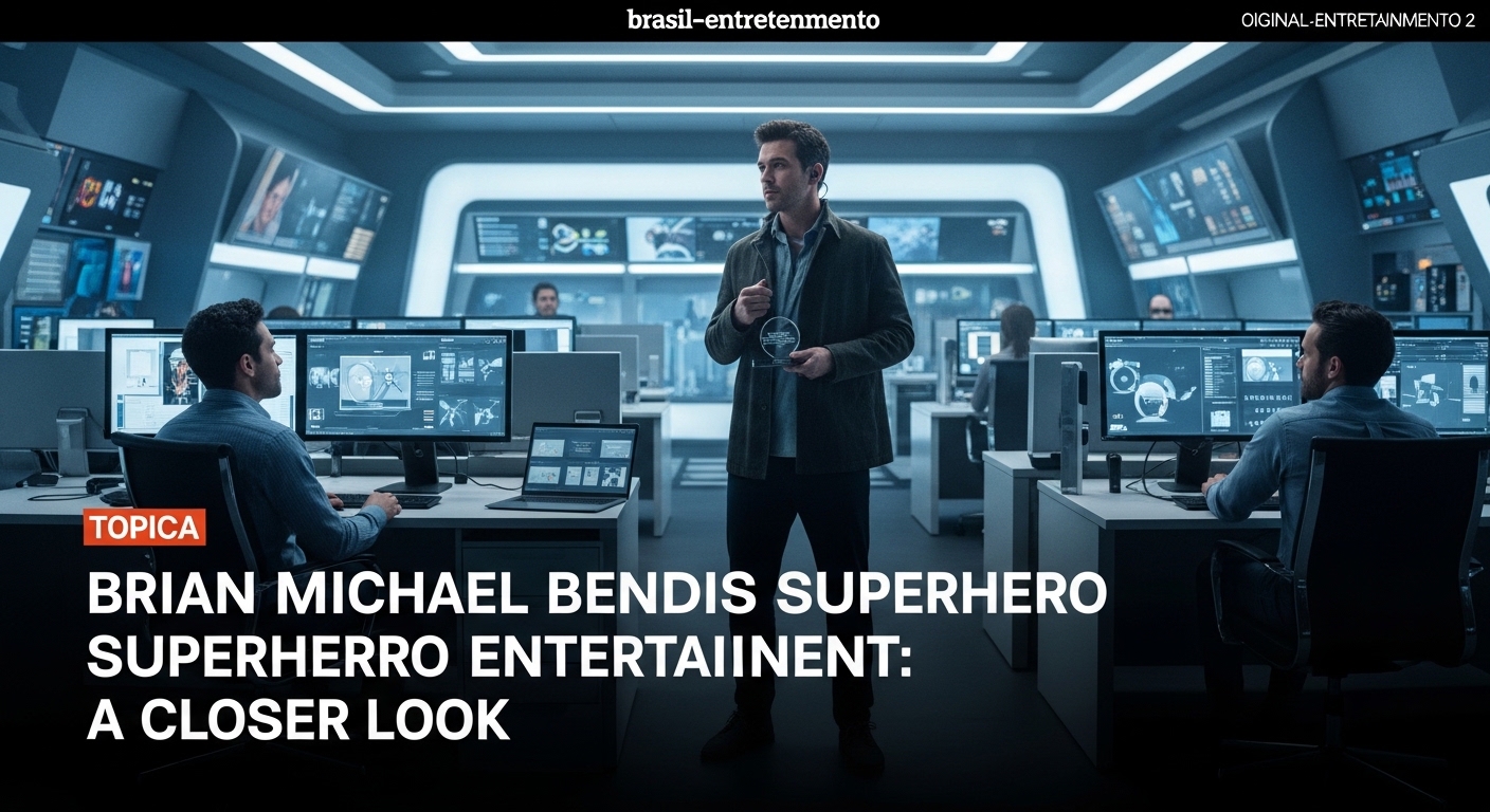 Editorial analysis desk with Brian Michael Bendis superhero entertainment concept art and streaming logos in a Brazilian